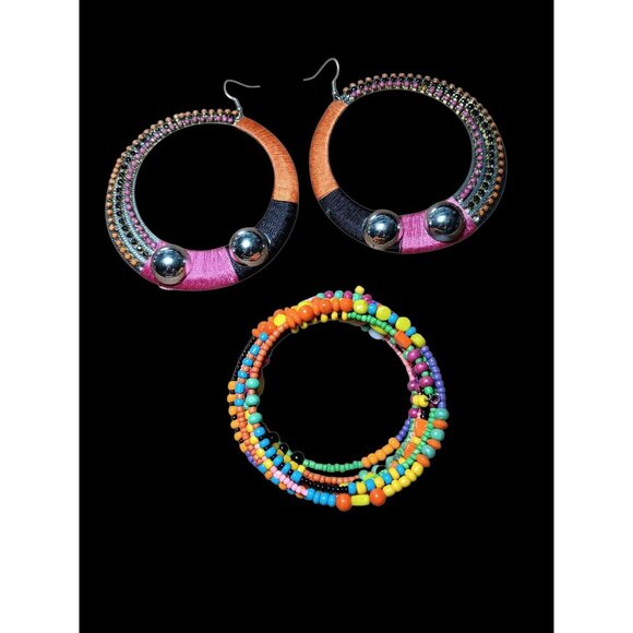 Mod Hippie Boho Beaded Bracelet and Giant Colorful Rhinestone Earrings Costume - Picture 4 of 8